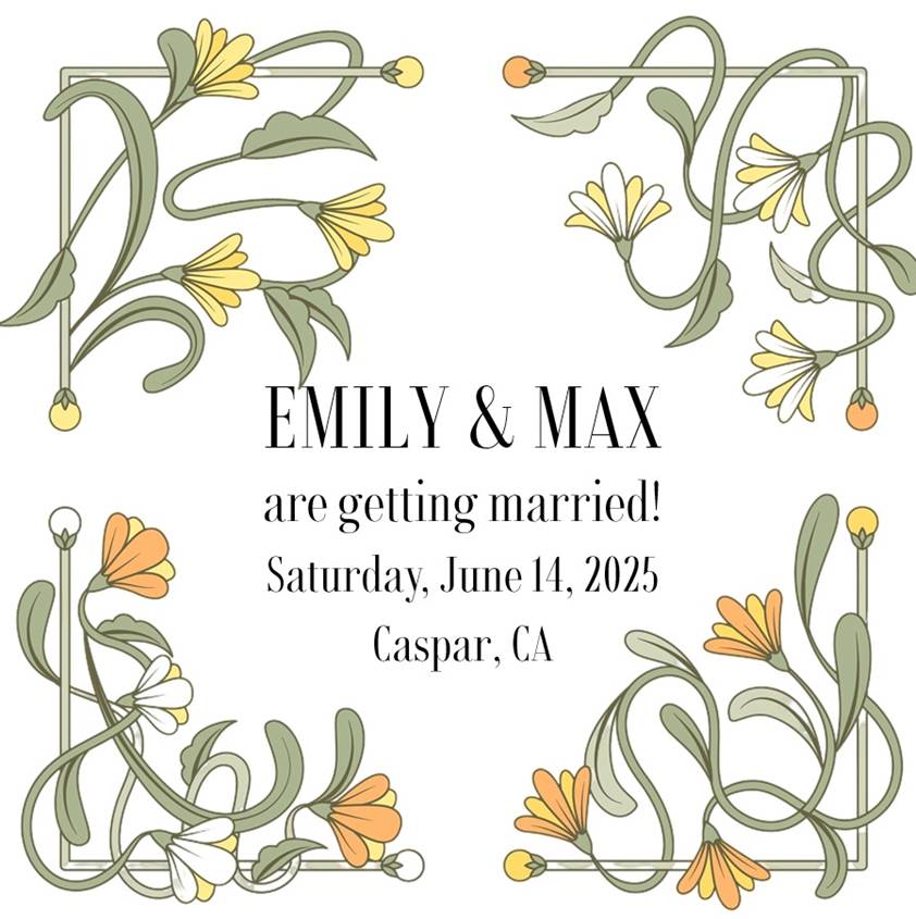 A wedding invitation for Emily and Max with flowers and leaves